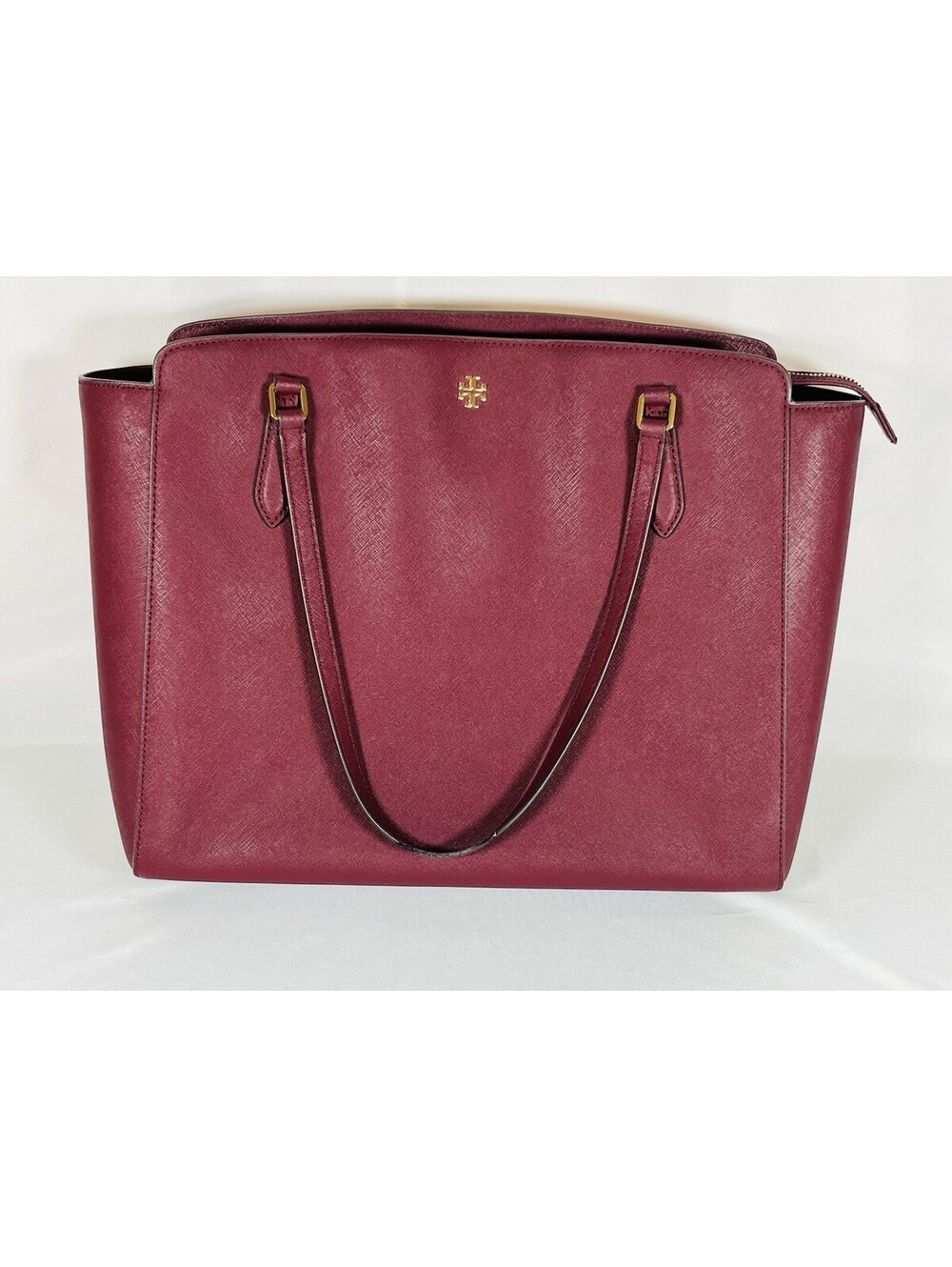 Tory Burch Saffiano Leather Large Burgundy Tote Bag with Adjustable Strap